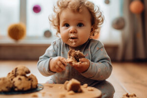 Baby isst zuckerhaltigen Kuchen