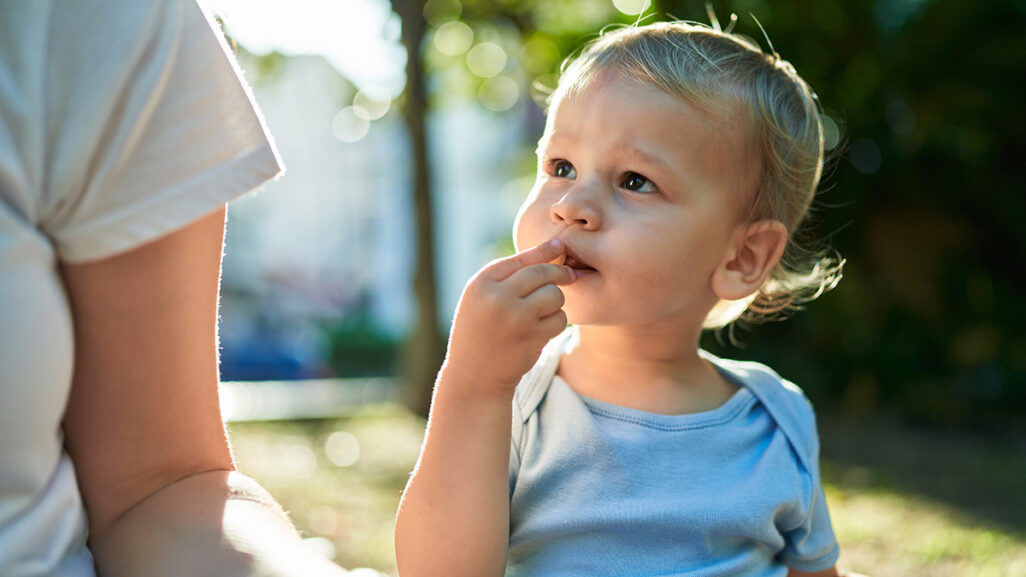 Mutter und Baby sitzen auf einer Wiese und essen Baby Snacks